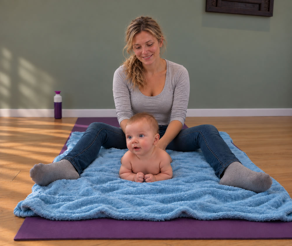 Een moeder met haar baby op een zachte blauwe handdoek tijdens de babymassageles