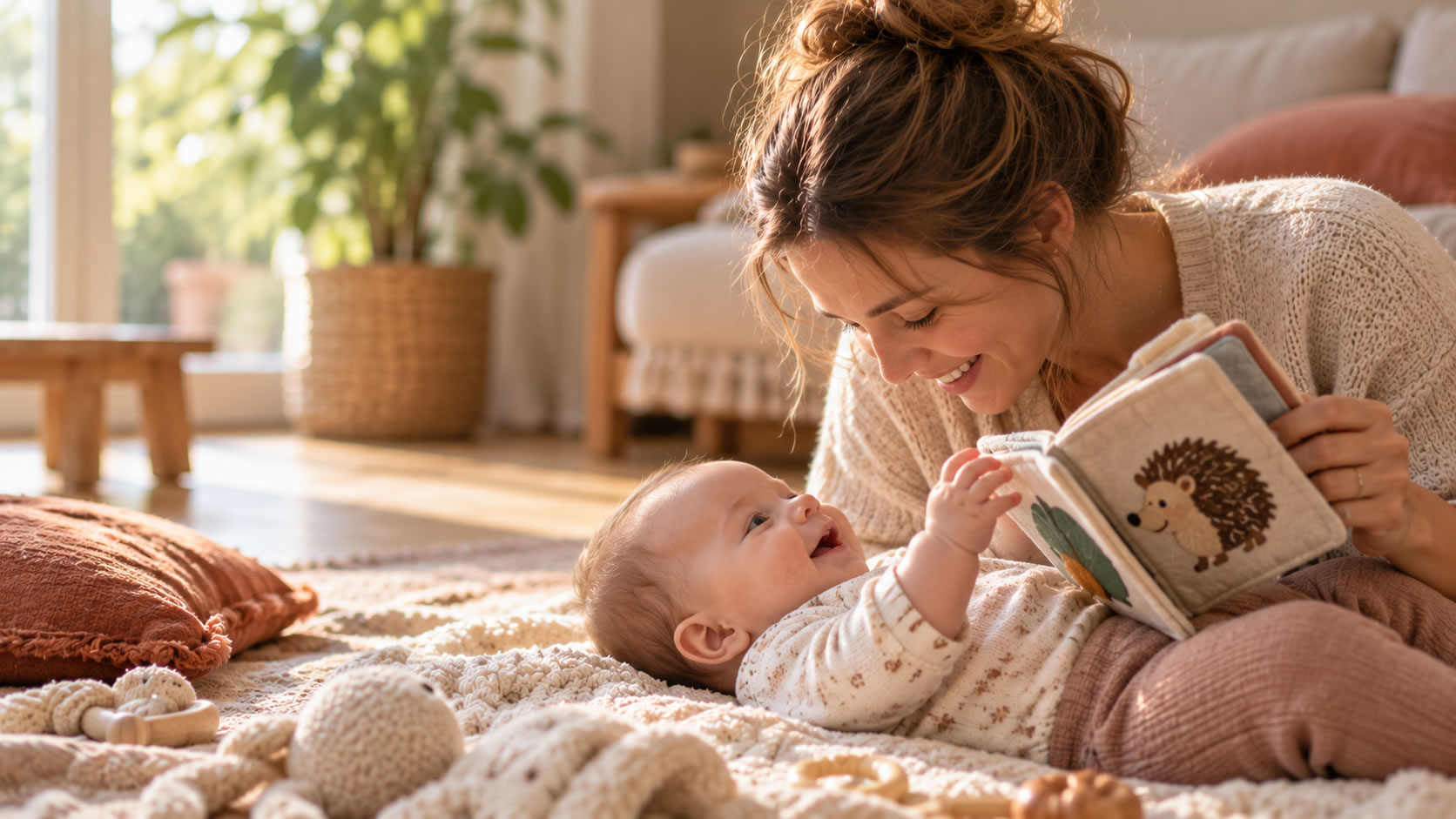 Een moeder en haar baby bekijken samen een zacht boekje op een speelkleed in een zonnige kamer